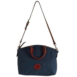 Dooney & Bourke Navy Blue Nylon Leather Trim Satchel Crossbody Strap Zip Close